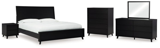 Cama con paneles Danziar, cómoda con espejo y mesita de noche