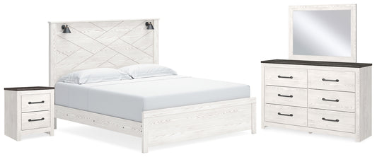 Cama Gerridan con paneles, cómoda con espejo y mesita de noche