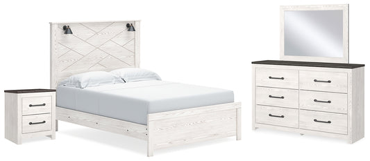 Cama Gerridan con paneles, cómoda con espejo y mesita de noche
