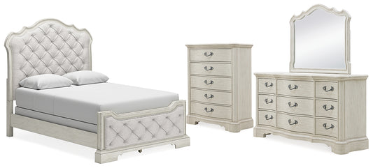 Cama tapizada Arlendyne con cómoda y espejo