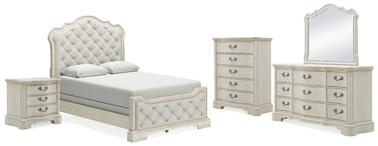 Cama tapizada Arlendyne con cómoda con espejo, cómoda y mesita de noche