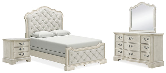 Cama tapizada Arlendyne con tocador con espejo y mesita de noche