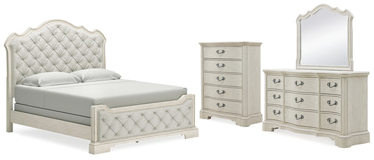 Cama tapizada Arlendyne con cómoda y espejo