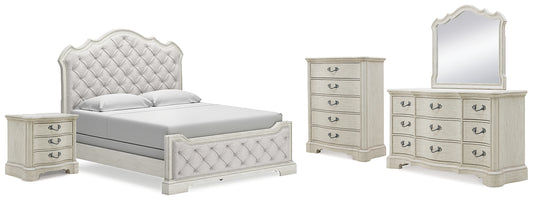 Cama tapizada Arlendyne con cómoda con espejo, cómoda y mesita de noche