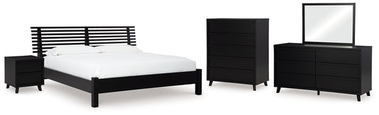 Cama con paneles Danziar, cómoda con espejo y mesita de noche