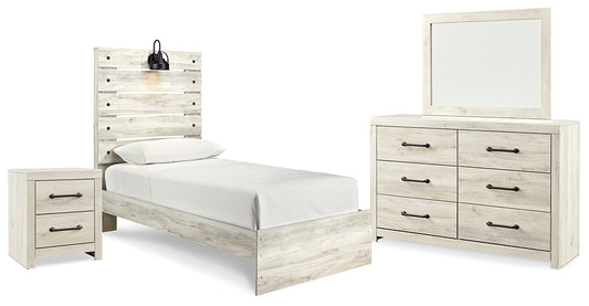 Cama con paneles Cambeck, cómoda con espejo y mesita de noche