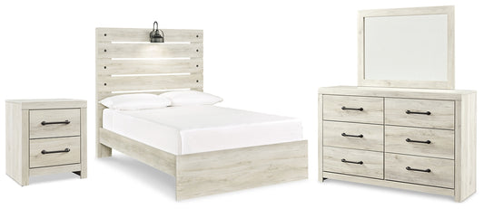 Cama con paneles Cambeck, cómoda con espejo y mesita de noche