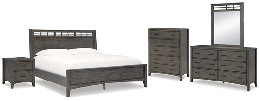 Cama Montillan con paneles, cómoda con espejo y mesita de noche