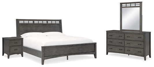 Cama Montillan con paneles, cómoda con espejo y mesita de noche