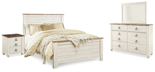 Cama Willowton con paneles, cómoda con espejo y mesita de noche