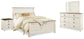 Cama Willowton con paneles, cómoda con espejo y mesita de noche