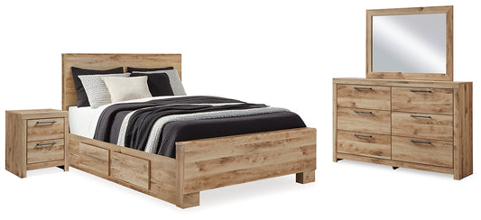 Cama Hyanna con paneles y espacio de almacenamiento, con tocador con espejo y mesita de noche