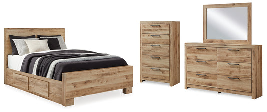 Cama Hyanna con paneles y espacio de almacenamiento, con cómoda y espejo