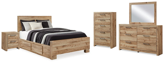 Cama Hyanna con paneles y espacio de almacenamiento, con tocador con espejo, cómoda y mesita de noche