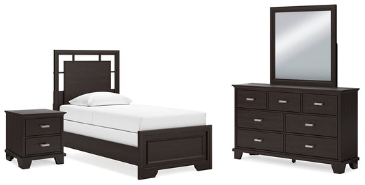 Cama Covetown con paneles, tocador con espejo y mesita de noche