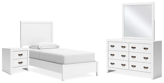 Cama con paneles Binterglen, cómoda con espejo y mesita de noche