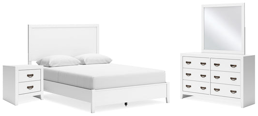 Cama con paneles Binterglen, cómoda con espejo y mesita de noche