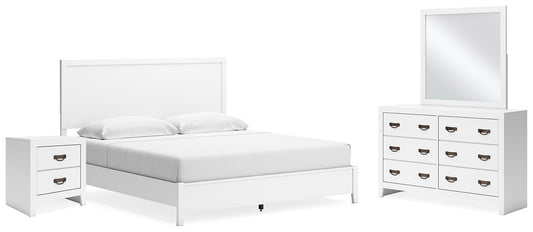 Cama con paneles Binterglen, cómoda con espejo y mesita de noche