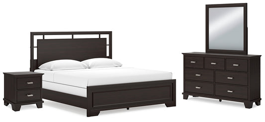 Cama Covetown con paneles, tocador con espejo y mesita de noche