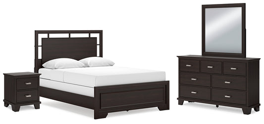 Cama Covetown con paneles, tocador con espejo y mesita de noche