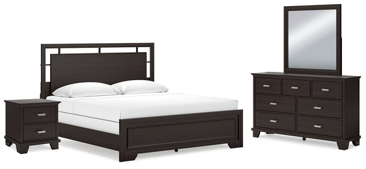 Cama Covetown California con paneles, tocador con espejo y mesita de noche