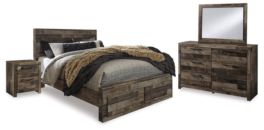 Cama Derekson con dos cajones, cómoda con espejo y mesita de noche