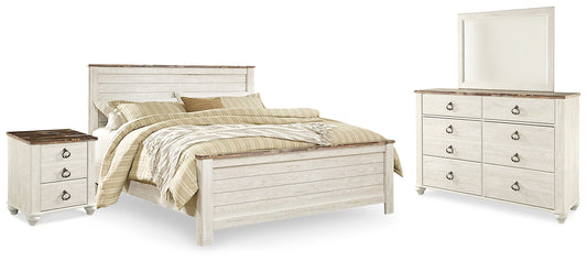 Cama Willowton con paneles, cómoda con espejo y mesita de noche
