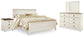 Cama Willowton con paneles, cómoda con espejo y mesita de noche