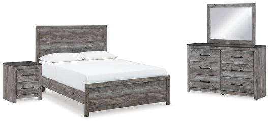 Cama Bronyan con paneles, cómoda con espejo y mesita de noche