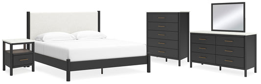 Cama Cadmori tapizada con paneles, cómoda con espejo y mesita de noche