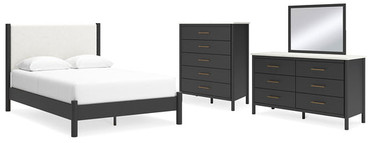 Cama Cadmori tapizada con paneles, cómoda y espejo