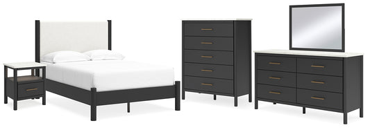 Cama Cadmori tapizada con paneles, cómoda con espejo y mesita de noche