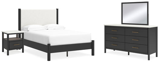 Cama Cadmori tapizada con paneles, cómoda con espejo y mesita de noche