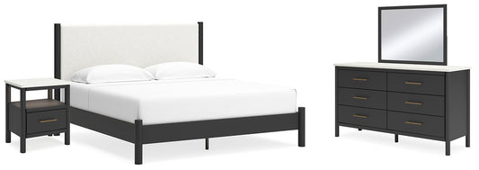 Cama Cadmori tapizada con paneles, cómoda con espejo y mesita de noche