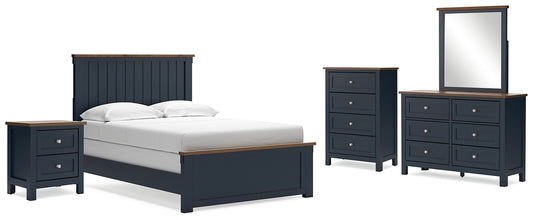 Cama Landocken con paneles, cómoda con espejo y mesita de noche