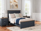Cama Landocken con paneles, cómoda con espejo y mesita de noche