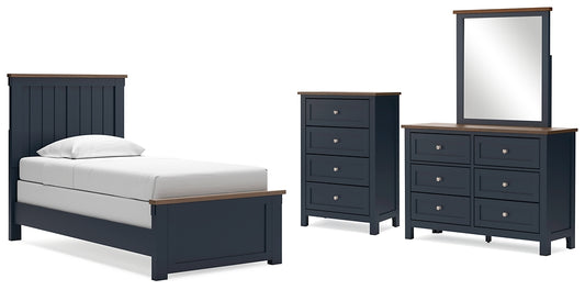 Cama Landocken con paneles y espacio de almacenamiento, con cómoda y espejo