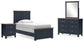 Cama Landocken con paneles, cómoda con espejo y mesita de noche