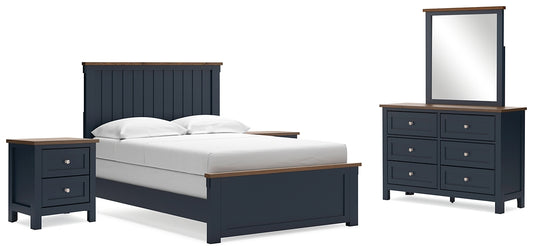 Cama Landocken con paneles, cómoda con espejo y dos mesitas de noche
