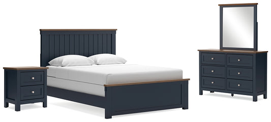 Cama Landocken con paneles, cómoda con espejo y mesita de noche