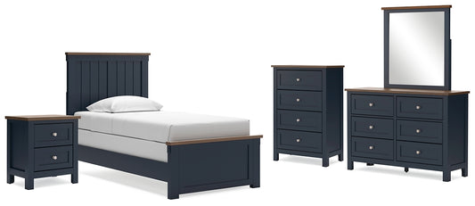 Cama Landocken con paneles, cómoda con espejo y mesita de noche