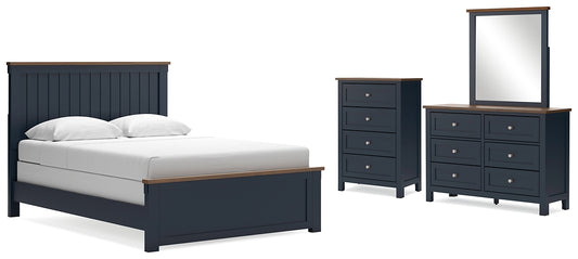 Cama Landocken con paneles, cómoda y arcón con espejo