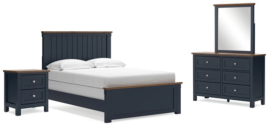Cama Landocken con paneles, cómoda con espejo y mesita de noche
