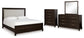 Cama tapizada California Neymorton con tocador y cómoda con espejo