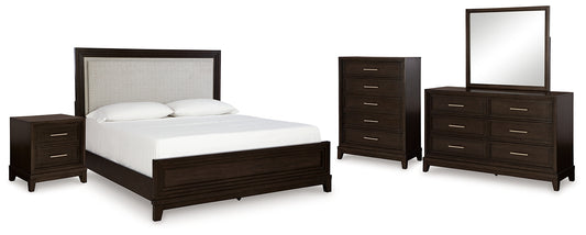 Cama Neymorton tapizada con paneles, cómoda con espejo y mesita de noche
