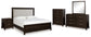 Cama Neymorton tapizada con paneles, cómoda con espejo y mesita de noche