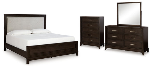 Cama Neymorton con paneles tapizados, cómoda y espejo
