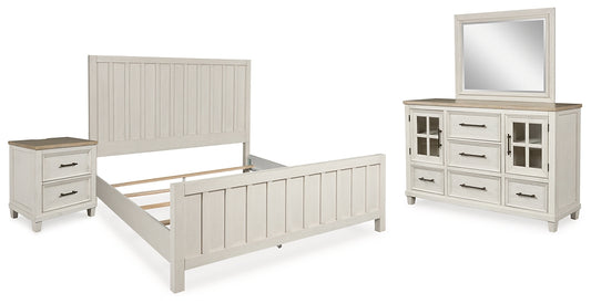 Cama Shaybrock California con paneles, cómoda con espejo y mesita de noche