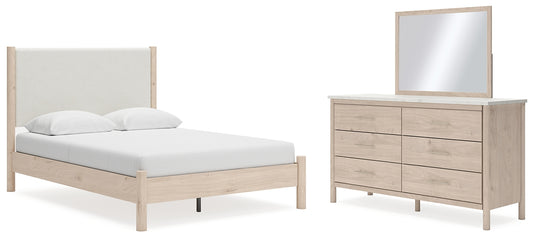 Cama Cadmori tapizada con paneles y cómoda con espejo