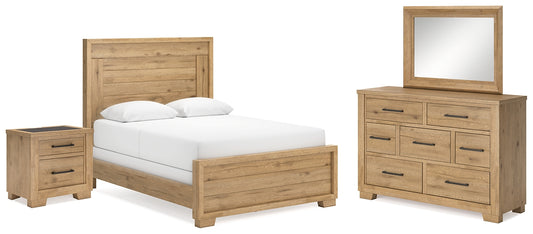 Cama con paneles Galliden, cómoda con espejo y mesita de noche